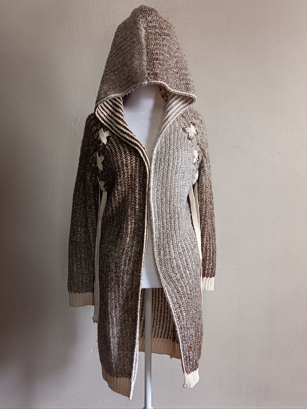 Ombre Boho Hooded Long Knit Open Front Cardigan, Beige & Brown, Size Small